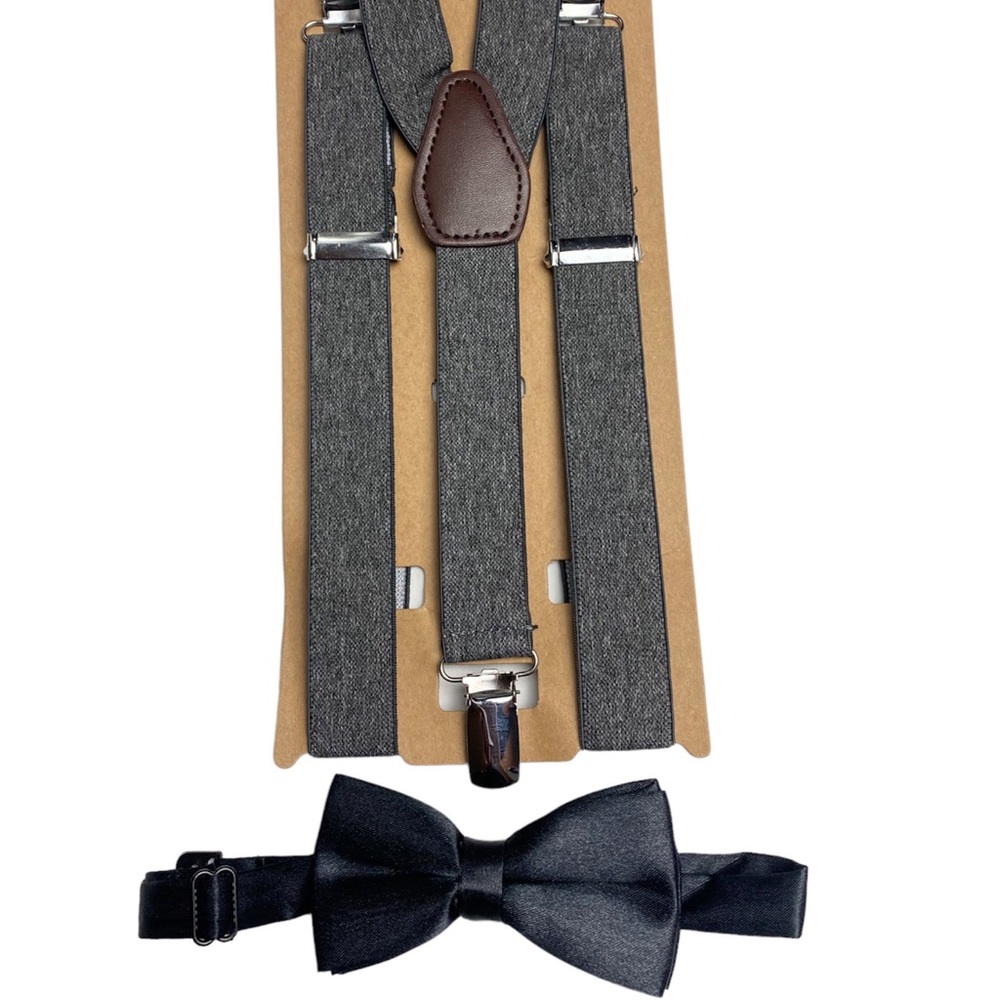 Gray Suspenders And Bow Tie Set